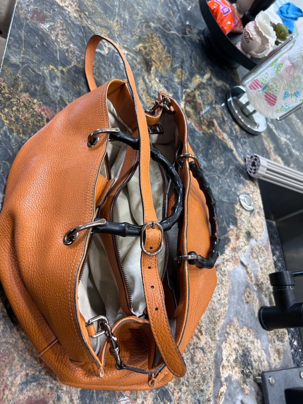 Gucci Handbag with Bamboo Handles & Shoulder Strap Orange Pebbled - Picture 7 of 16